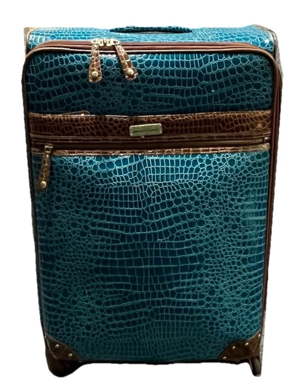 Samantha Brown Checked Luggage Blue Embossed Faux Croc Leather Spinner Wheel 30”